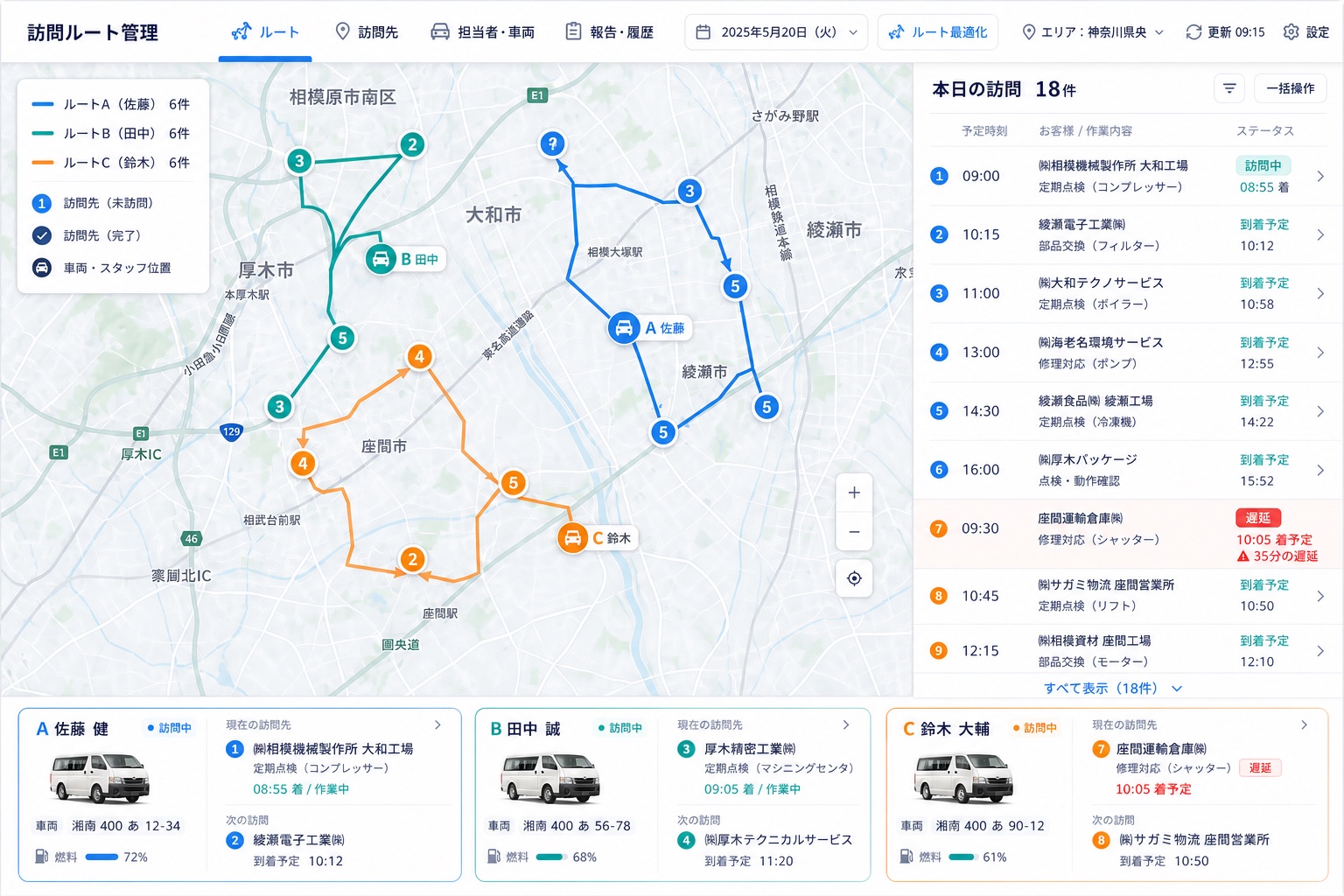 訪問先のルートと担当者の現在地や到着状況を地図で共有するDX支援イメージ
